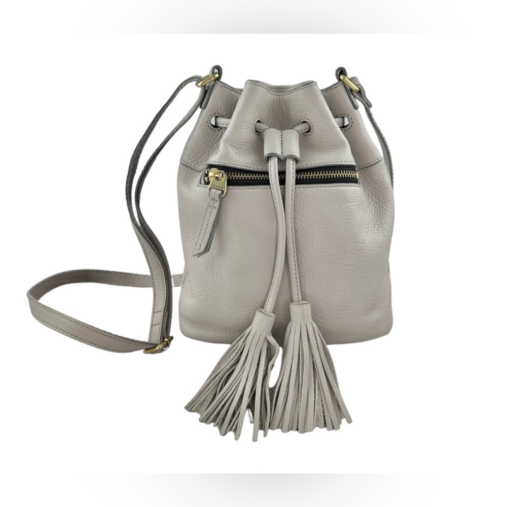EUC Fossil crossbody bucket bag gray tassel genuine leather adjustable purse